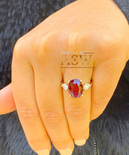 Load image into Gallery viewer, 14k Solid Yellow Gold Oval Cut Ruby And Pear Cut Simulated Diamonds Deco Design Ring Bridal Wedding 5.00ctw Three Stone Style

