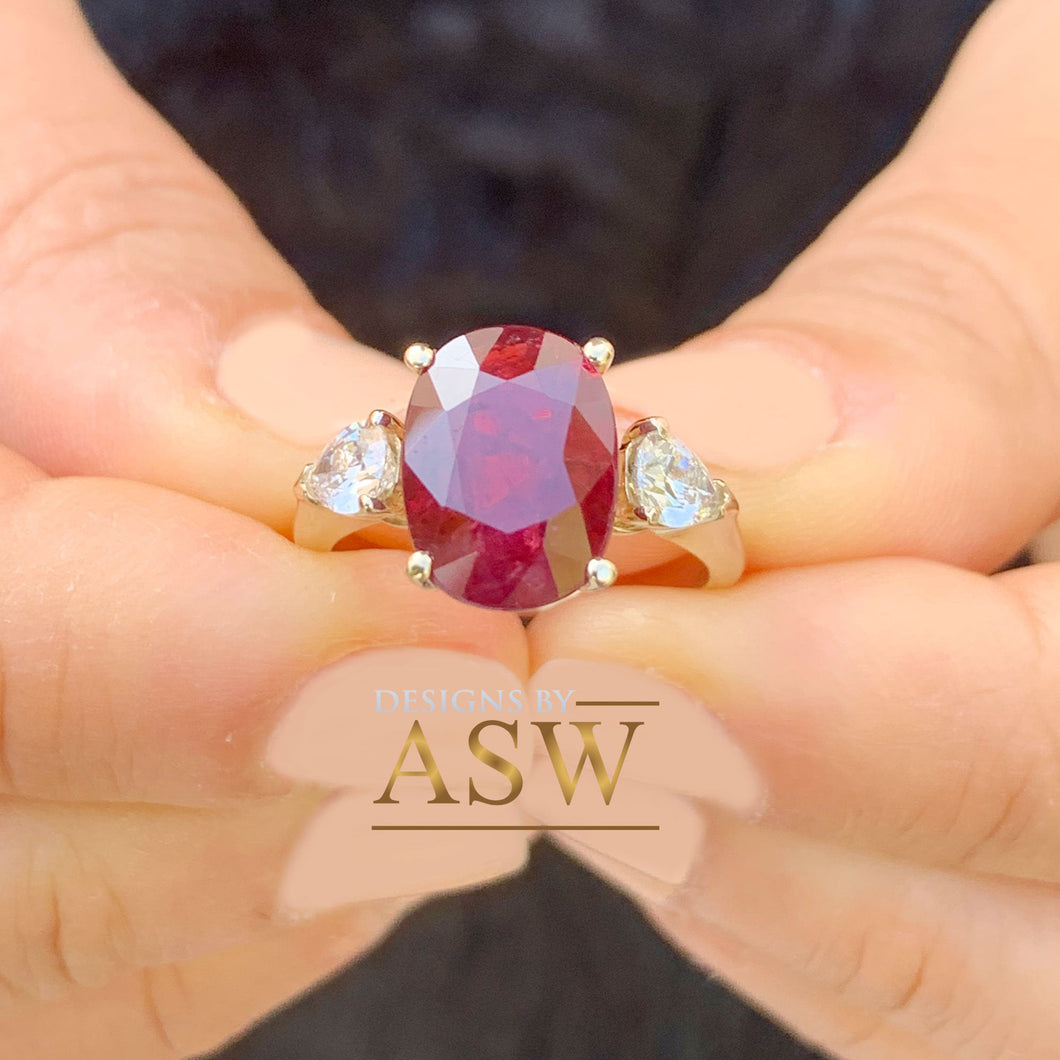 14k Solid Yellow Gold Natural Oval Ruby And Natural Pear Shape Diamonds Three Stone Design Ring Engagement 5.00ctw