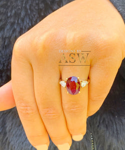 14k Solid Yellow Gold Natural Oval Ruby And Natural Pear Shape Diamonds Three Stone Design Ring Engagement 5.00ctw