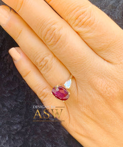 14k Solid Yellow Gold Natural Oval Ruby And Natural Pear Shape Diamonds Three Stone Design Ring Engagement 5.00ctw