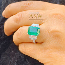 Load image into Gallery viewer, Big 14k solid white gold green emerald and round and emerald cut simulated diamond engagement ring bridal, wedding, promise 5.50ctw
