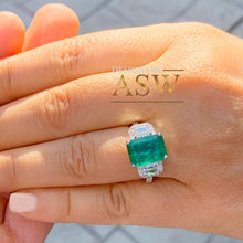 Load image into Gallery viewer, Big 14k solid white gold green emerald and round and emerald cut simulated diamond engagement ring bridal, wedding, promise 5.50ctw
