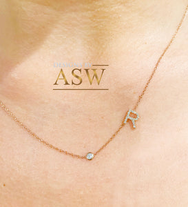 14K Solid White Or Yellow Or Rose Gold Multi Natural Diamonds Initials 0.10ctw And Bezel Set Natural Diamond 0.06ct Necklace