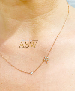 14K Solid White Or Yellow Or Rose Gold Multi Natural Diamonds Initials 0.10ctw And Bezel Set Natural Diamond 0.06ct Necklace