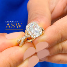 Load image into Gallery viewer, 14k Solid Yellow Gold Cushion Cut Moissanite and Round Cut Natural Diamond Engagement Ring Halo Bridal Set 2.40ct
