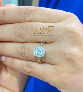 14k Solid Yellow Gold Cushion Cut Moissanite and Round Cut Natural Diamond Engagement Ring Halo Bridal Set 2.40ct