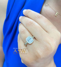 Load image into Gallery viewer, 14k Solid Yellow Gold Cushion Cut Moissanite and Round Cut Natural Diamond Engagement Ring Halo Bridal Set 2.40ct
