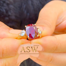 Load image into Gallery viewer, 14k Solid Yellow Gold Oval Cut Ruby And Pear Cut Simulated Diamonds Deco Design Ring Bridal Wedding 5.00ctw Three Stone Style
