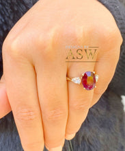 Load image into Gallery viewer, 14k Solid Yellow Gold Oval Cut Ruby And Pear Cut Simulated Diamonds Deco Design Ring Bridal Wedding 5.00ctw Three Stone Style
