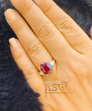 Load image into Gallery viewer, 14k Solid Yellow Gold Oval Cut Ruby And Pear Cut Simulated Diamonds Deco Design Ring Bridal Wedding 5.00ctw Three Stone Style
