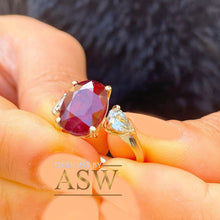 Load image into Gallery viewer, 14k Solid Yellow Gold Oval Cut Ruby And Pear Cut Simulated Diamonds Deco Design Ring Bridal Wedding 5.00ctw Three Stone Style

