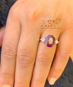 14k Solid Yellow Gold Natural Oval Ruby And Natural Pear Shape Diamonds Three Stone Design Ring Engagement 5.00ctw