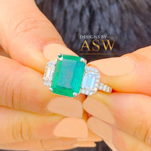 Load image into Gallery viewer, Big 14k solid white gold green emerald and round and emerald cut simulated diamond engagement ring bridal, wedding, promise 5.50ctw
