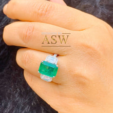 Load image into Gallery viewer, Big 14k solid white gold green emerald and round and emerald cut simulated diamond engagement ring bridal, wedding, promise 5.50ctw
