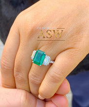Load image into Gallery viewer, Big 14k solid white gold green emerald and round and emerald cut simulated diamond engagement ring bridal, wedding, promise 5.50ctw
