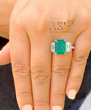 Load image into Gallery viewer, Big 14k solid white gold green emerald and round and emerald cut simulated diamond engagement ring bridal, wedding, promise 5.50ctw

