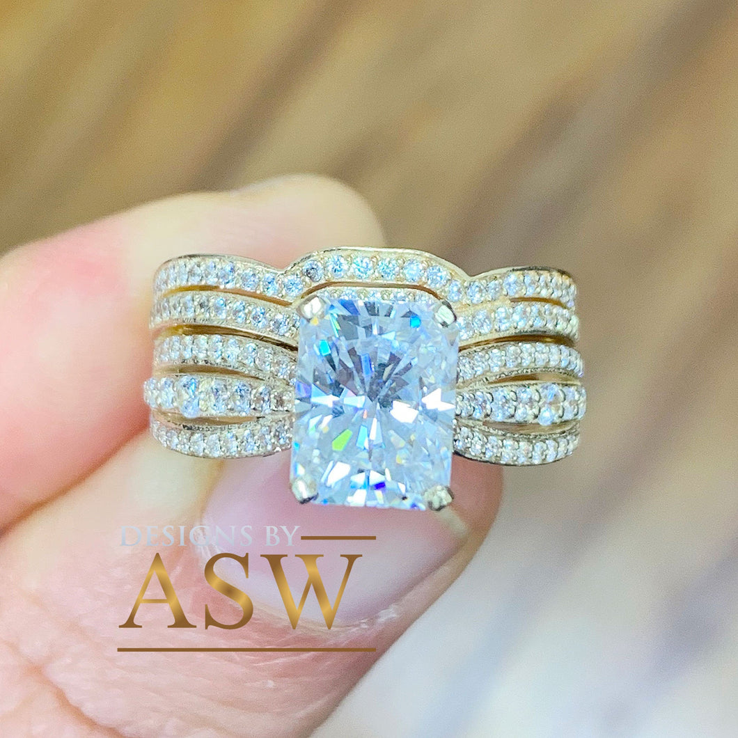 14k Yellow Gold Radiant Cut Forever One Moissanite And Diamonds Engagement Ring And Band Set Anniversary, Wedding, Propose 3.30ctw