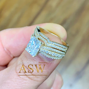 14k Yellow Gold Radiant Cut Forever One Moissanite And Diamonds Engagement Ring And Band Set Anniversary, Wedding, Propose 3.30ctw