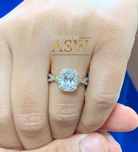 14k Solid Yellow Gold Cushion Cut Moissanite and Round Cut Natural Diamond Engagement Ring Halo Bridal Set 2.40ct