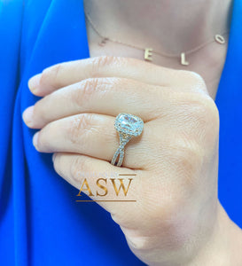 14k Solid Yellow Gold Cushion Cut Moissanite and Round Cut Natural Diamond Engagement Ring Halo Bridal Set 2.40ct