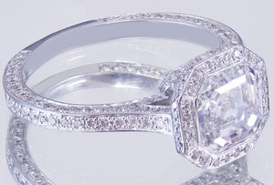 HUGE 14K White Solid Gold Asscher Cut Forever One Moissanite and Natural Round Cut Diamond Engagement Ring Bezel Set 4.05ctw